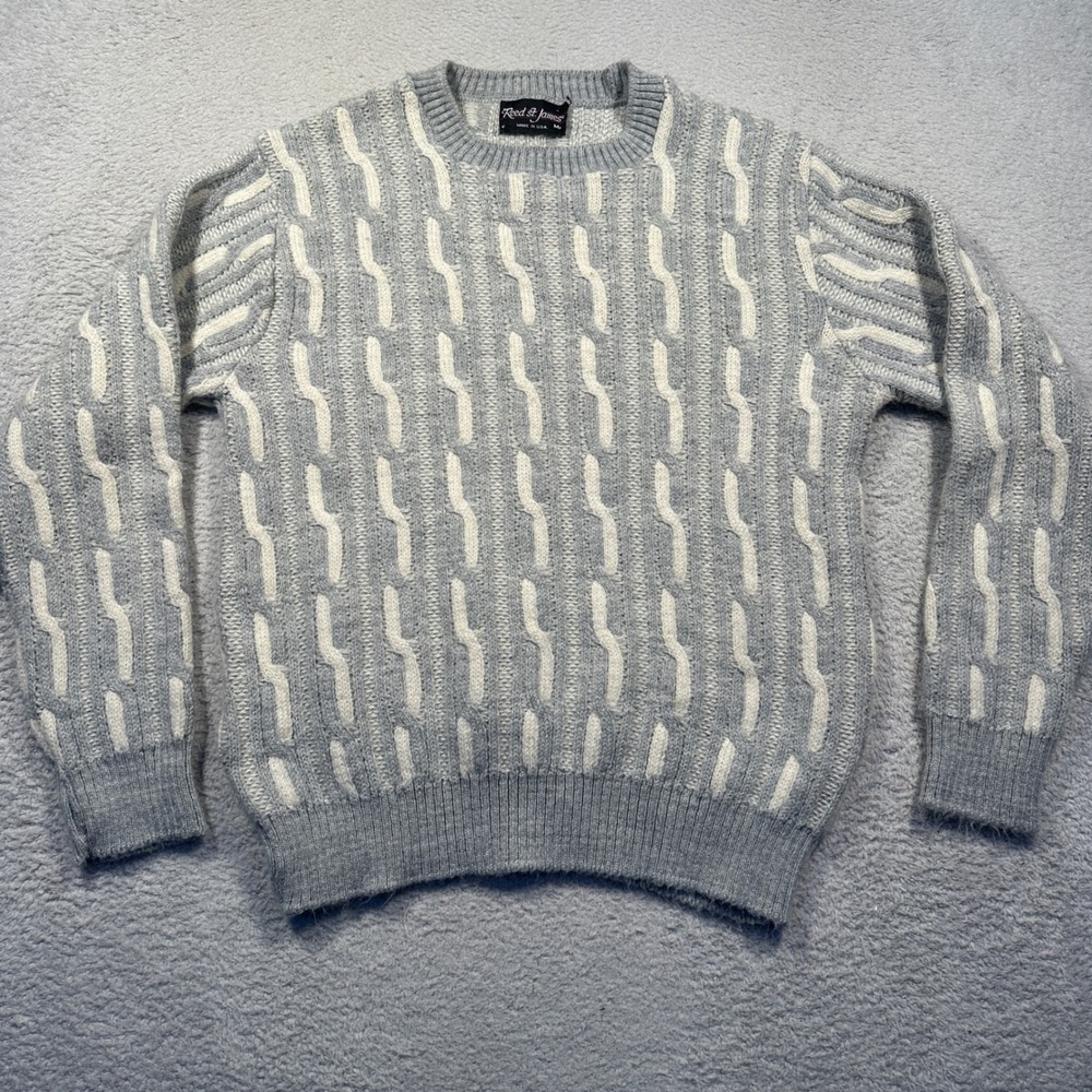 Vintage Reed St. James Gray White Cable Knit Sweater Crew Neck‎ Made in USA